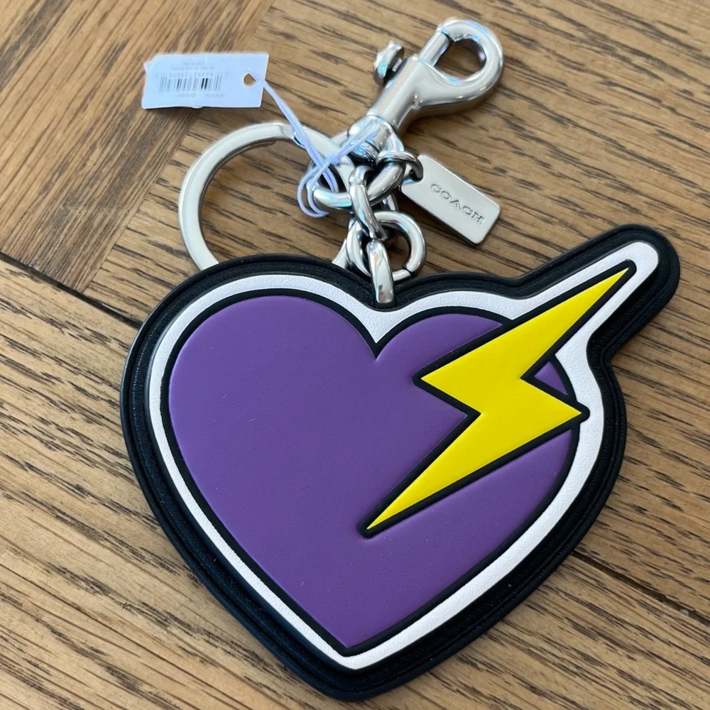 NWT Coach Purple Heart Keychain with Yellow Lightning Bolt - Picture 1 of 6